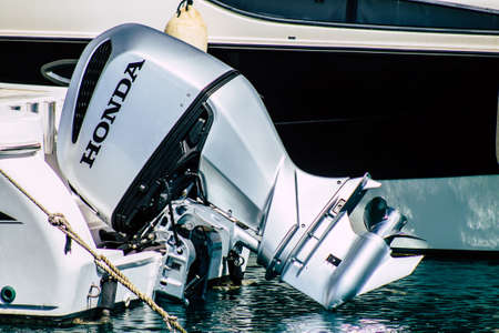 Limassol Cyprus March 24, 2020 Closeup of a motor of a boat moored in the marina of Limassol in Cyprus islandのeditorial素材