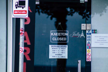 Limassol Cyprus March 16, 2020 View of an information poster closing certain establishments to the...