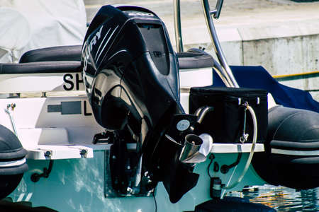 Limassol Cyprus March 24, 2020 Closeup of a motor of a boat moored in the marina of Limassol in Cyprus islandのeditorial素材