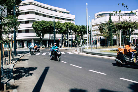 Tel Aviv Israel April 12, 2020 View of unidentified people rolling in the empty streets of Tel Aviv...