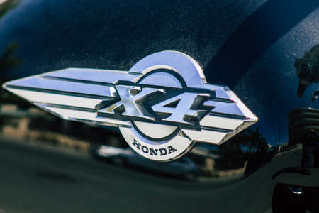 Limassol Cyprus April 18, 2020 Closeup of a Honda X4 motorcycle parked in the streets of Limassol in...