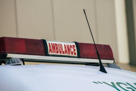Limassol Cyprus April 20, 2020 View of a traditional Cypriot ambulance parked in the streets of...