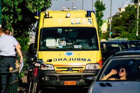 Athens Greece August 27, 2019 View of a Greek ambulance parked in the streets of Athens in the...