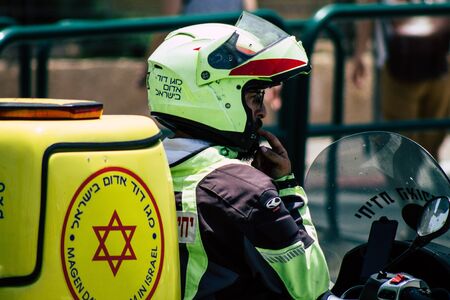 Jerusalem Israel June 19, 2019 View of a Israeli motorcycle ambulance rolling in the streets of...