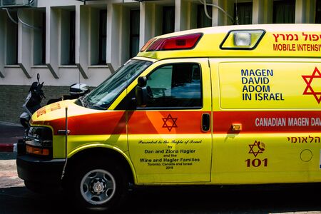 Tel Aviv Israel August 9, 2019 View of a Israeli ambulance parked in the streets of Tel Aviv in the...