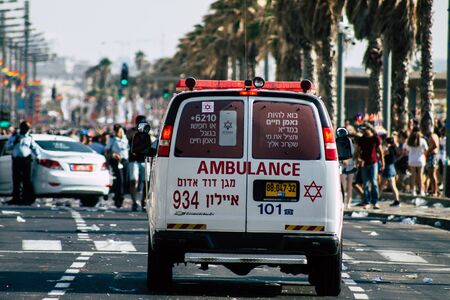 Tel Aviv Israel June 15, 2019 View of a Israeli ambulance rolling in the streets of Tel Aviv in the afternoonの写真素材