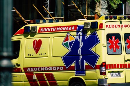 Athens Greece August 30, 2019 View of a Greek ambulance driving through the streets of Athens in the...