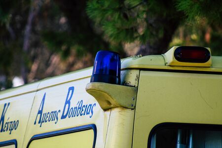 Athens Greece September 4, 2019 View of a Greek ambulance driving through the streets of Athens in...