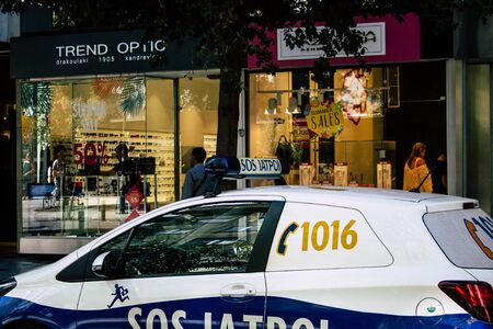 Athens Greece August 30, 2019 View of a Greek paramedic car parked in the streets of Athens in the...