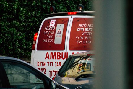 Tel Aviv Israel August 9, 2019 View of a Israeli ambulance rolling in the streets of Tel Aviv in the afternoonの写真素材