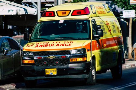 Tel Aviv Israel July 27, 2019 View of a Israeli ambulance rolling in the streets of  Tel Aviv Israel in the afternoonの写真素材