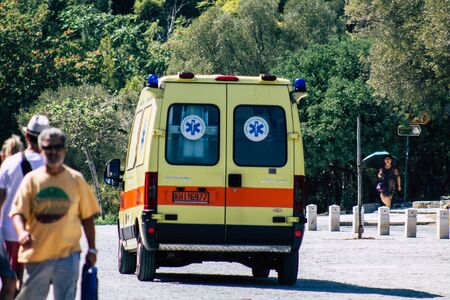 Athens Greece September 4, 2019 View of a Greek ambulance driving through the streets of Athens in the morningの写真素材