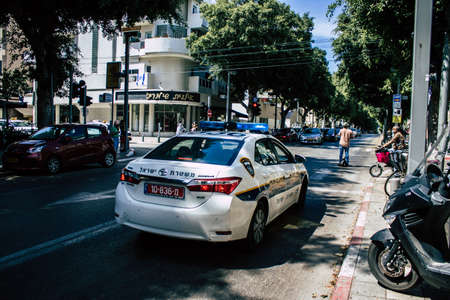 Tel Aviv Israel May 03, 2020 View of a Israeli police car rolling in Dizengoff street in Tel Aviv in...