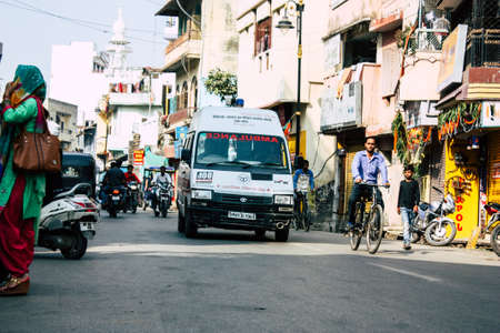 Varanasi India November 8, 2018 View of ambulance parked in the streets of Varanasi in the afternoonのeditorial素材