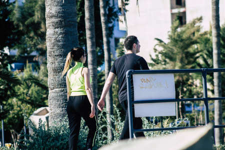 Limassol Cyprus May 05, 2020 View of unidentified people walking in the streets of Limassol in the...