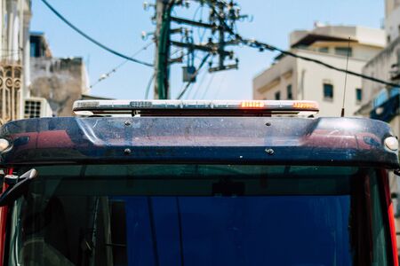 Tel Aviv Israel July 22, 2019 View of a Israeli fire truck parked in the streets of Tel Aviv in the...