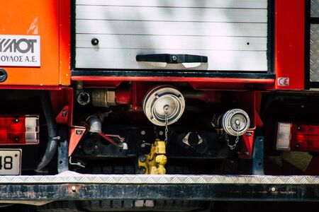 Athens Greece August 28, 2019 View of traditional Greek fire engine parked in the streets of Athens in the afternoonの写真素材