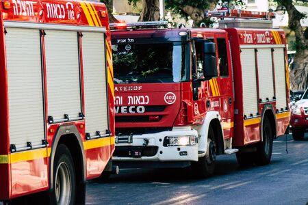 Tel Aviv Israel August 12, 2019 View of traditional Israeli fire engine rolling in the streets of...