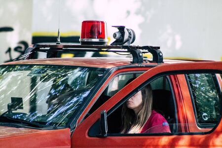 Athens Greece September 2, 2019 View of traditional Greek fire engine parked in the streets of Athens in the morningの写真素材