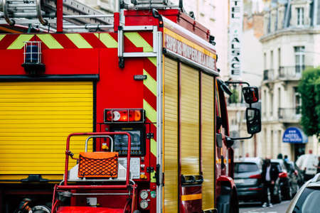 Paris France May 25, 2019 View of French fire engine parked in the streets of Paris in the afternoon