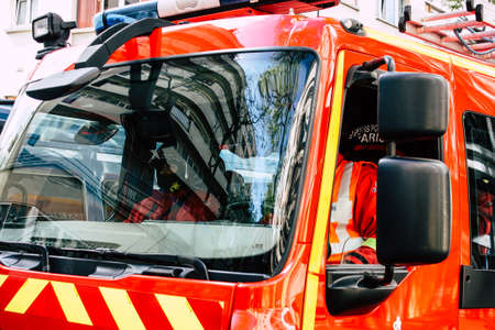 Paris France May 04, 2019 View of a French fire engine rolling in the street during protests of the Yellow jackets against the policy of President Macron in Paris on saturday afternoonのeditorial素材