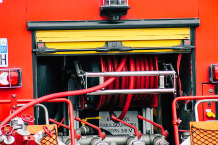 Reims France May 18, 2019 View of firefighters extinguishing a construction hut burned by rioters during protests of the Yellow Jackets in the streets of Reims on saturday afternoonのeditorial素材