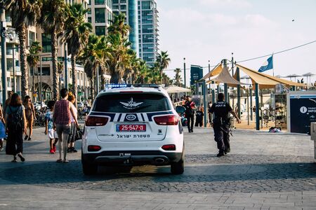 Tel Aviv Israel September 07, 2019 View of a Israeli police car parked front the beach in Tel Aviv in the afternoonの写真素材