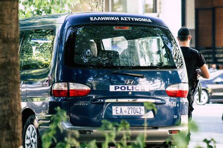 Athens Greece August 30, 2019 View of a Greek police car driving through the streets of Athens in the morningの写真素材