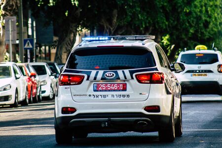 Tel Aviv Israel August 13, 2019 View of a Israeli police car rolling in the streets of Tel Aviv in the afternoonの写真素材