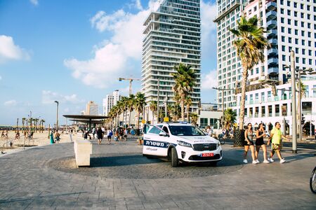 Tel Aviv Israel September 07, 2019 View of a Israeli police car parked front the beach in Tel Aviv in the afternoonの写真素材