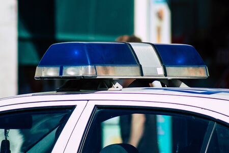 Athens Greece September 12, 2019 View of a Greek police car driving through the streets of Athens in...