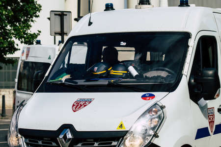 Paris France May 11, 2019 View of cars of the French National Police in intervention during protests of the Yellow Jackets against the policy of President Macron in Paris on saturday afternoonのeditorial素材