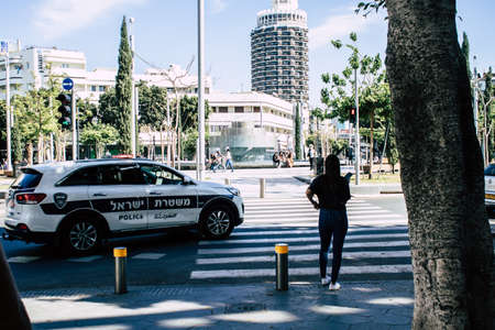 Tel Aviv Israel April 26, 2020 View of a Israeli police car rolling in the streets of Tel Aviv in the afternoon during the coronavirus outbreakのeditorial素材