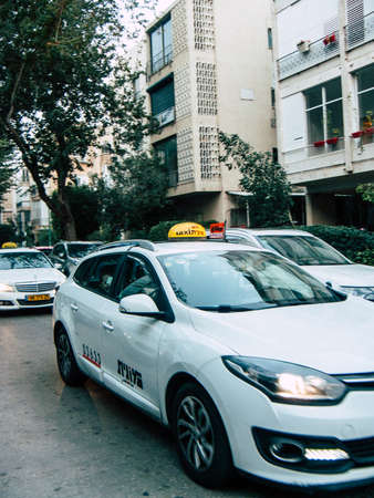 Tel Aviv Israel January 18, 2019 View of a traditional Israeli taxi rolling in the streets of Tel...