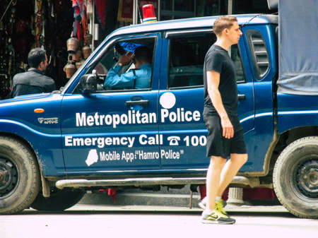 Kathmandu Nepal May 10, 2019 View of a Nepali police car parked at Thamel district in Kathmandu in the afternoonのeditorial素材