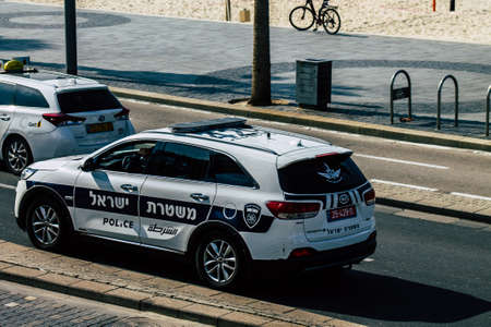 Tel Aviv Israel January 28, 2020 View of a Israeli police car rolling in the streets of Tel Aviv in...