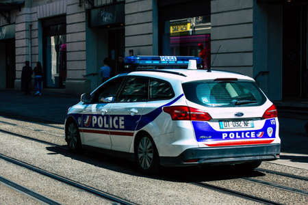 Reims France April 21, 2019 Closeup of a police car rolling in the streets of Reims in the afternoonのeditorial素材