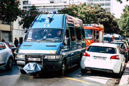 Paris France May 04, 2019 View of cars of the French National Police in intervention during protests of the Yellow Jackets against the policy of President Macron in Paris on saturday afternoonのeditorial素材
