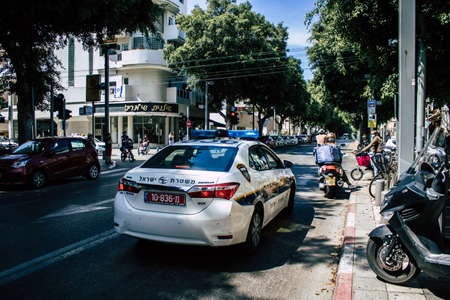 Tel Aviv Israel May 03, 2020 View of a Israeli police car rolling in Dizengoff street in Tel Aviv in the afternoon during the coronavirus outbreakのeditorial素材