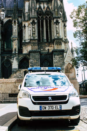 Reims France August 10, 2018 View of a french police car in the street of Reims in the afternoonのeditorial素材