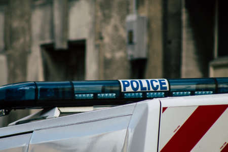 Reims France November 8, 2019 Closeup of French police car parked in the streets of Reims in the afternoonのeditorial素材