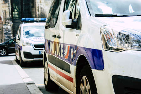 Reims France August 10, 2018 View of a french police car in the street of Reims in the afternoon