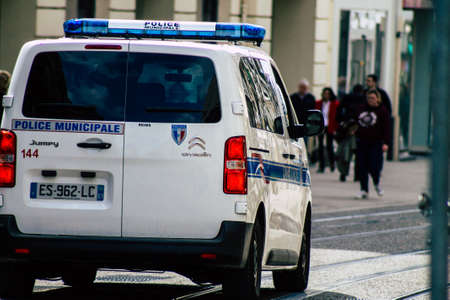 Reims France May 7, 2019 View of a police car rolling in the streets of Reims in the afternoonのeditorial素材