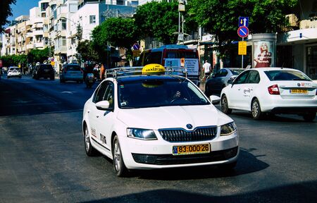 Tel Aviv Israel July 11, 2019 View of traditional Israeli taxi rolling in the streets of Tel Aviv in...