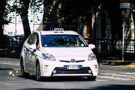 Rome Italy October 18, 2019 View of a traditional Italian taxi rolling through the streets of Rome...