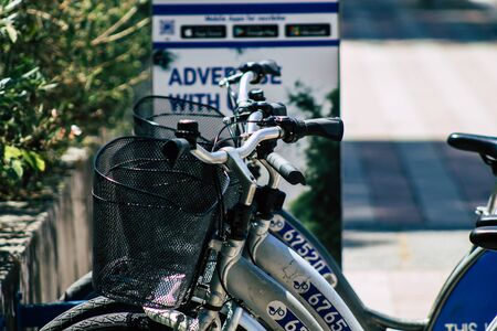 Limassol Cyprus May 10, 2020 View of bicycle to hire parked in the streets of Limassol in Cyprus...