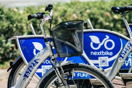 Limassol Cyprus May 10, 2020 View of bicycle to hire parked in the streets of Limassol in Cyprus...
