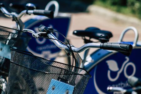Limassol Cyprus May 10, 2020 View of bicycle to hire parked in the streets of Limassol in Cyprus islandの写真素材