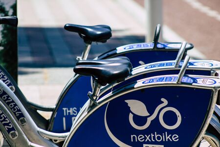 Limassol Cyprus May 10, 2020 View of bicycle to hire parked in the streets of Limassol in Cyprus islandの写真素材