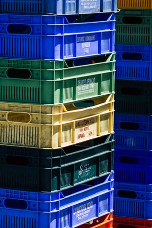 Limassol Cyprus May 09, 2020 View of various boxes to contain vegetables sold at the market of Limassol in the morningの写真素材